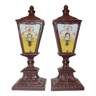 Pair of Antique Vintage Ornate Reverse Painted Glass Metal Table Boudoir Lamps For Sale
