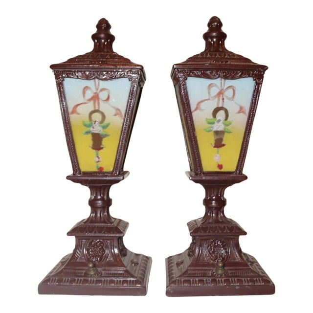Pair of Antique Vintage Ornate Reverse Painted Glass Metal Table Boudoir Lamps For Sale