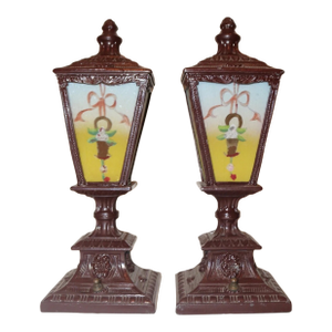 Pair of Antique Vintage Ornate Reverse Painted Glass Metal Table Boudoir Lamps