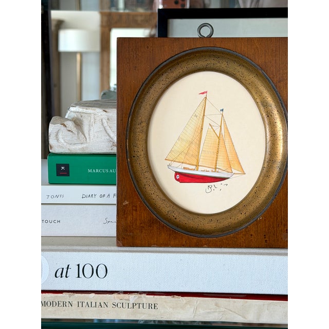 Nautical Original Hand-Painted Sailboat Painting in a Vintage Italian Frame For Sale - Image 3 of 4