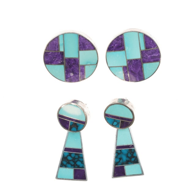 2pr Ray Tracey Knifewing Navajo Multi-stone channel inlay sterling earrings. Selling both pairs with no issues. Marked or...