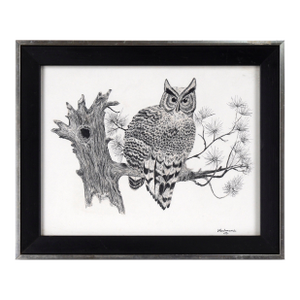 Great Horned Owl Sitting on a Branch - Illustration in Ink on Cardstock by M. Kochmaruk