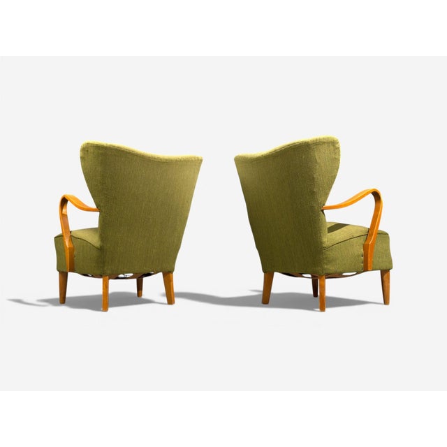 Swedish Modern, Lounge Chairs, Elm, Green Fabric, Sweden, 1930s For Sale - Image 9 of 10