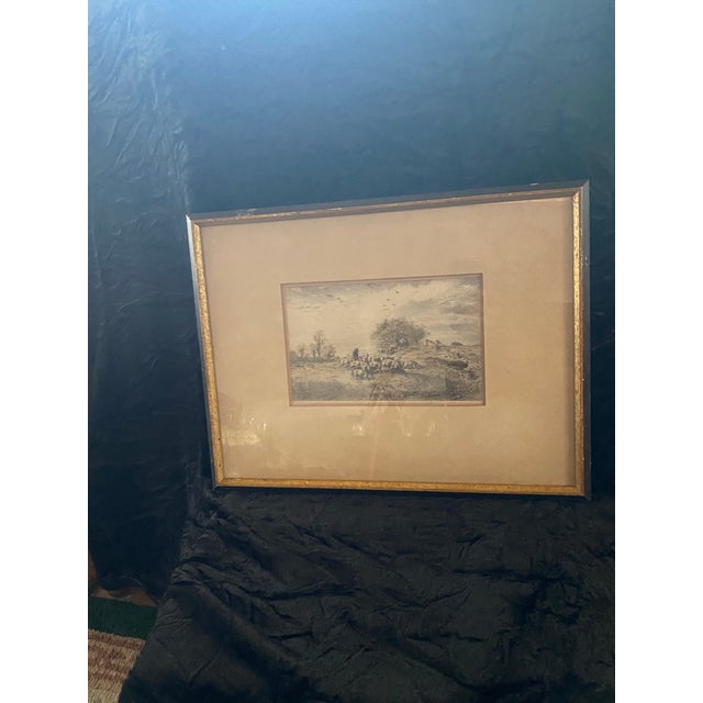 French Country Framed 19th-Century Pastoral Landscape Etching of Sheep and a Shepherd. For Sale - Image 3 of 10