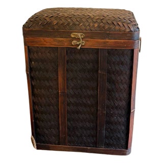 Antique Japanese Bamboo Woven Storage Trunk With Brass Hardware — Circa 1900s–1920s For Sale