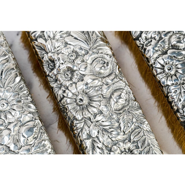 Silver Beautiful Gorham Antique Victorian Floral Repoussé Sterling Silver Vanity Dresser Brushes For Sale - Image 8 of 16