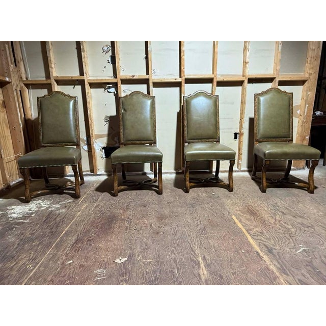 Farmhouse Vintage Minton Spidell Dauphine French Style High Back Olive Leather Dining Chairs. Set of 8 For Sale - Image 3 of 18