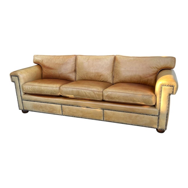 Tan Vintage English Leather Sofa Tan Color Nail Head Trim Feather Down Cushions For Sale - Image 8 of 18