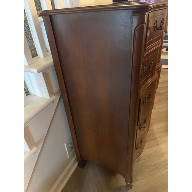 Coffee 1960s Huntley Furniture MCM French Provencial 5 Drawer Tall Dresser Walnut For Sale - Image 8 of 8