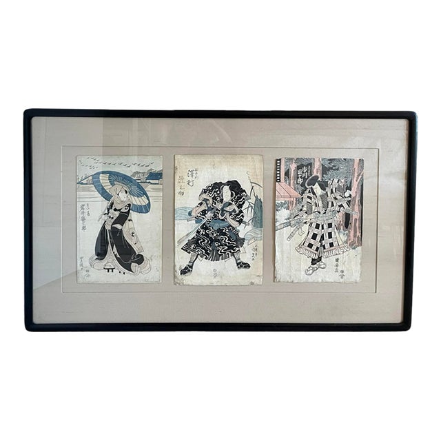 Framed Edo-Period Japanese Kabuki Actor Woodblock Prints, Signed Toyokuni, Kunisada & Kuniyasu, Circa 1815-1830, Set of 3 For Sale