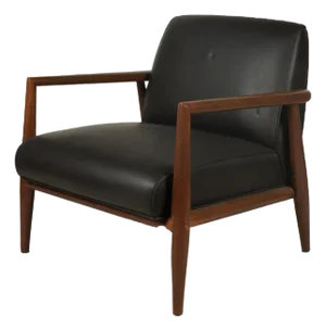 Contemporary Mid-Century Modern-Style Armchair in Stained Wood and Black Leather