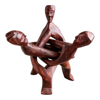 Vintage Hand-Carved Wood Interlocking Figures Sculpture For Sale