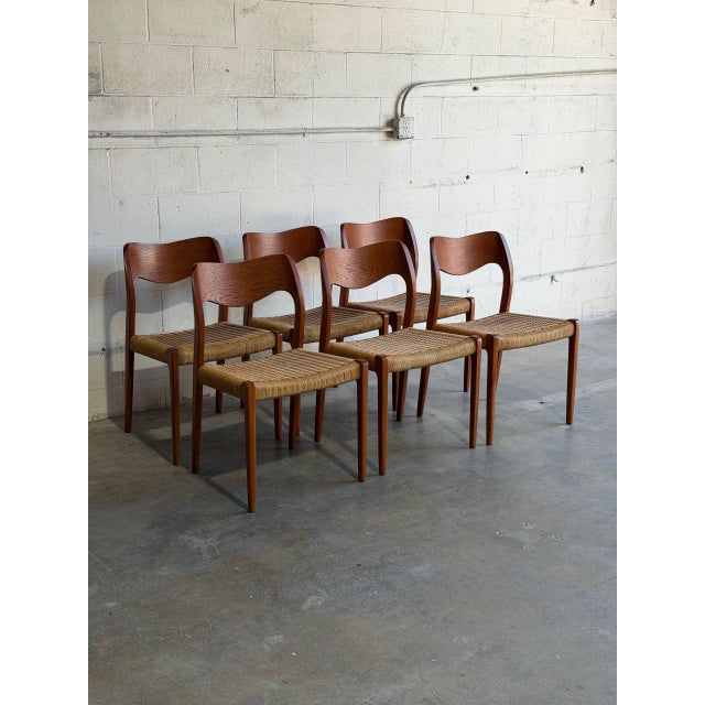 Mid-Century Modern j.l. Moller Oak Model 71 Dining Chairs Set of 6 Cord Seats Denmark 1960s For Sale - Image 3 of 11