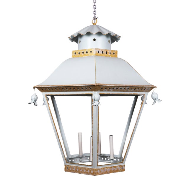 Baby Blue Vintage French Chinoiserie Three-Tier Pagoda-Shaped Metal Chandelier, White, Light Blue, and Gold For Sale - Image 8 of 11