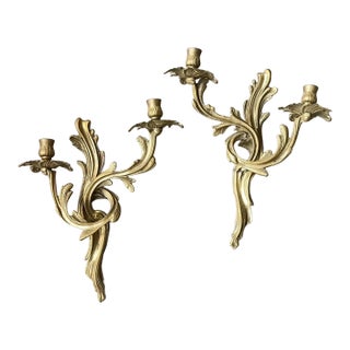 Pair of Large French Louis XV Style Bronze Candle Holders - Sconces For Sale