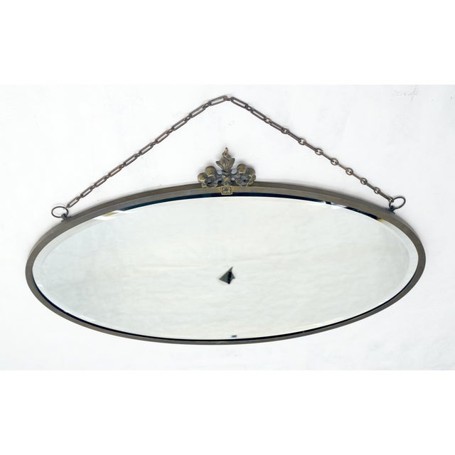 Early 20th Century Art Deco Nouveau Style Oval c1920s Metal Pewter Frame Bevelled Wall Mirror MINT For Sale - Image 5 of 5