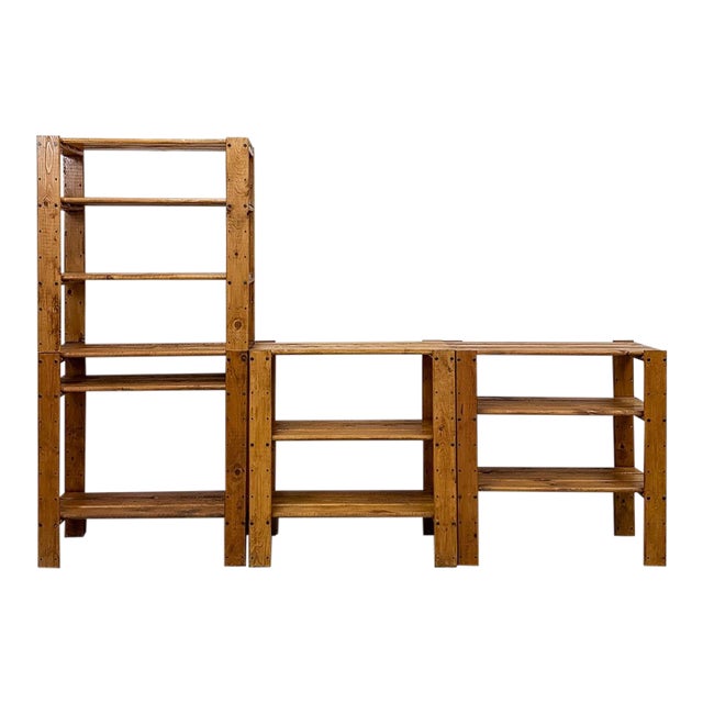 Vintage Modular Pine 4-Piece Shelf Unit Rustic Stackable Bookcase Organic Modern For Sale