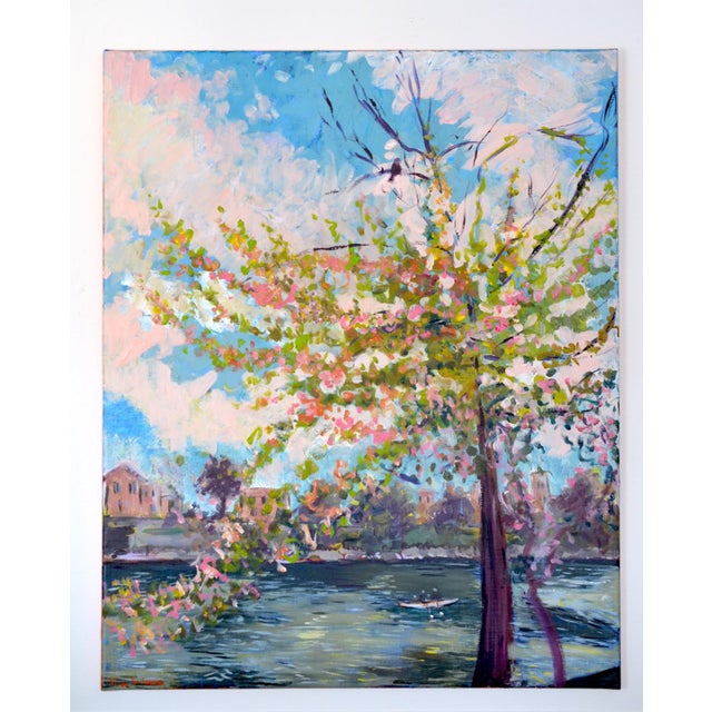 This vibrant painting depicts an exuberant spring scene. A blossoming tree with pink and white flowers dominates the...