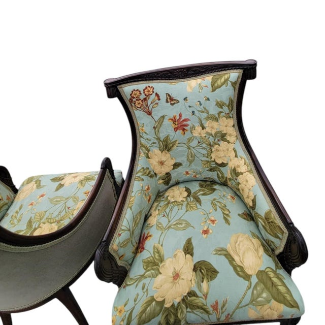 1930s Pair Italian Fireside Chairs Floral Upholstery Carved Wood Accent Chairs For Sale - Image 17 of 17