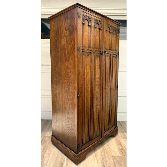 Vintage English Tudor Revival Oak Wardrobe Armoire by Crown Ay Furniture For Sale In Los Angeles - Image 6 of 16