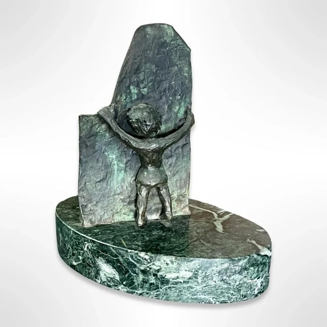 Green Vintage Marble and Bronze Decorative Sculpture of Boy, Signed Original For Sale - Image 8 of 8