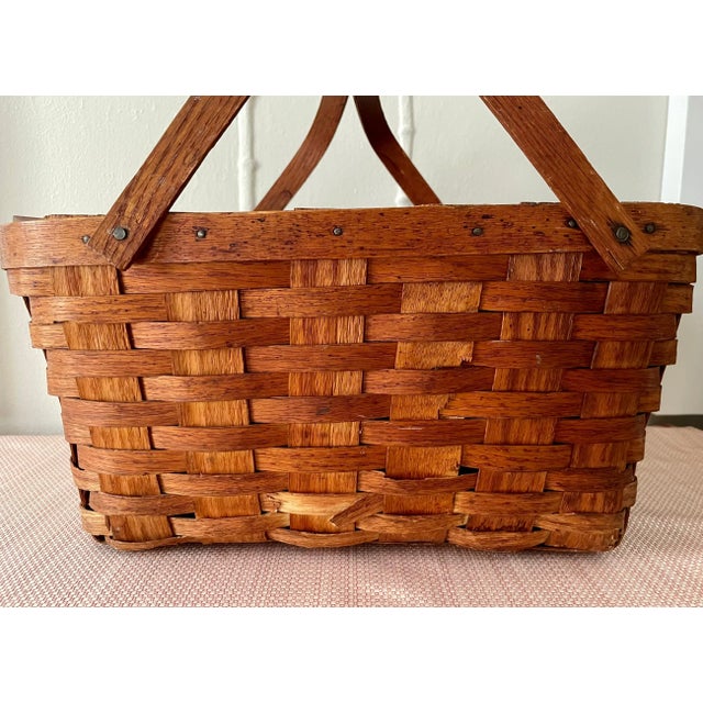Wood Woven Hinged Lid Picnic Basket with Handles For Sale - Image 7 of 10