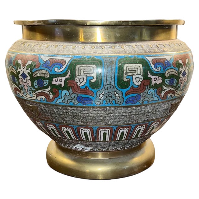 Japanese Enamel and Brass Jardiniere, 1920s For Sale