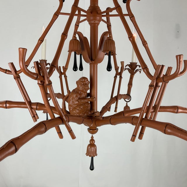 Brown 1960s Whimsical Chinoiserie Faux Bamboo Monkey Chandelier With Black Teardrop Accents For Sale - Image 8 of 16