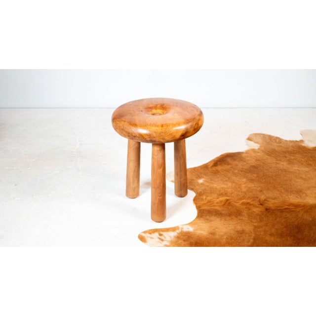 Vintage mid century modern wooden stool. Solid piece of thick wood showing lovely wood grain details. Hand turned...