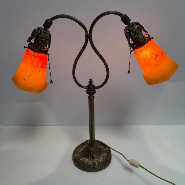 Orange Antique Art Nouveau 2 Light Table Lamp Floral Base Orange Glass 21” W -Works For Sale - Image 8 of 9