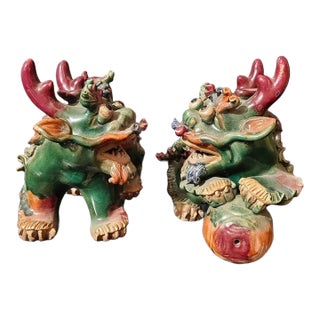 Vintage Shiwan Kiln Glazed Mythical Beast Figures (Qilin / Foo Dogs) - A Pair For Sale
