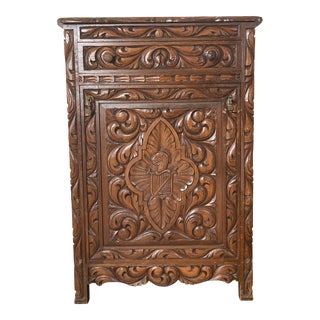 Early 20th Century Antique Oak Carved Liquor Bar Cabinet With Swing Door For Sale