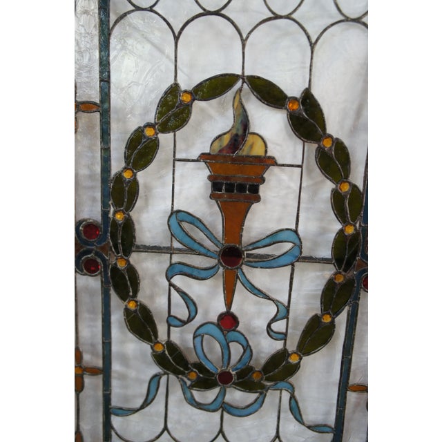Wood Antique Victorian French Neoclassical Stained Glass Ribbon Torchiere Window For Sale - Image 7 of 12