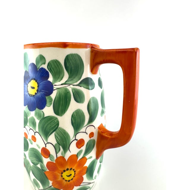 Rustic European Vintage Czech Hand-Painted Floral Pitcher – Czechoslovakia Folk Art Pottery Jug For Sale - Image 3 of 12