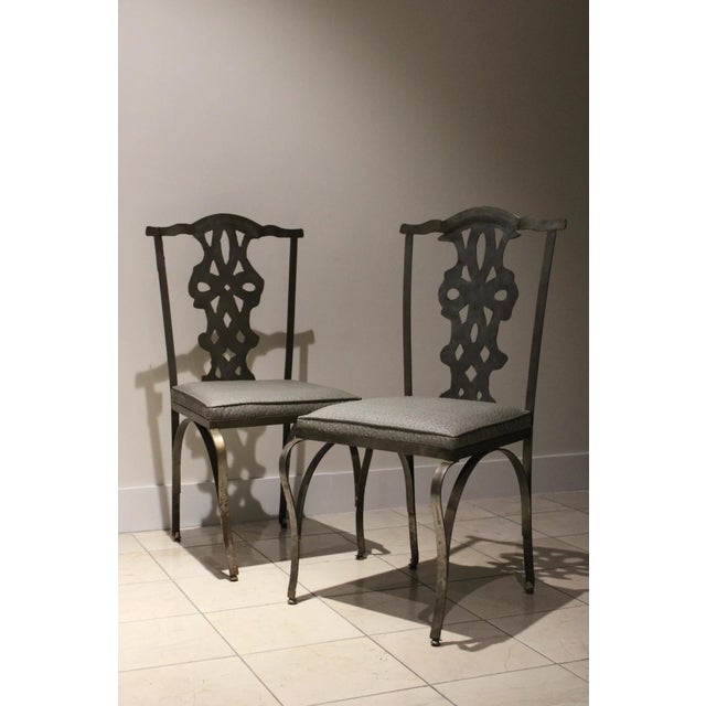 Metal Set of 4 of Chippendale Style Verdigris Iron Garden Chairs For Sale - Image 7 of 9