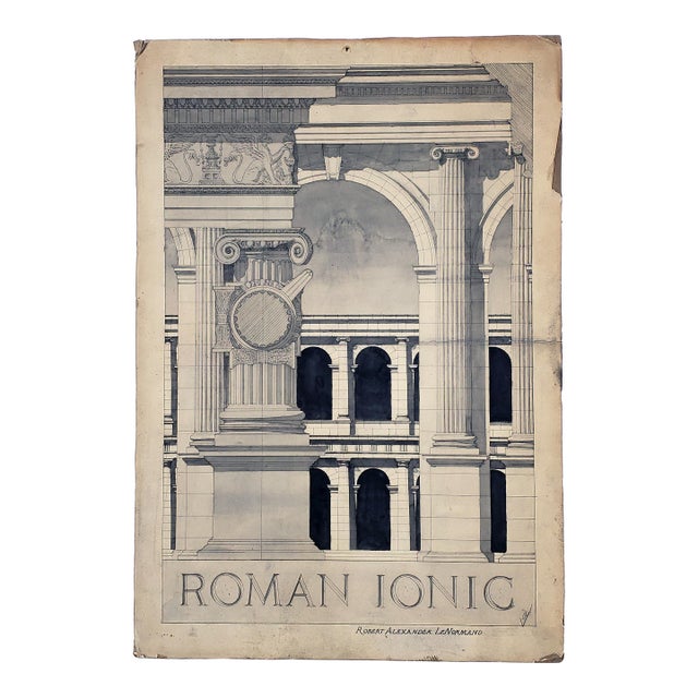 Antique Original Hand Drawn Ink & Ink Wash of the Roman Ionic Architectural Style by Robert A. Le Norman For Sale