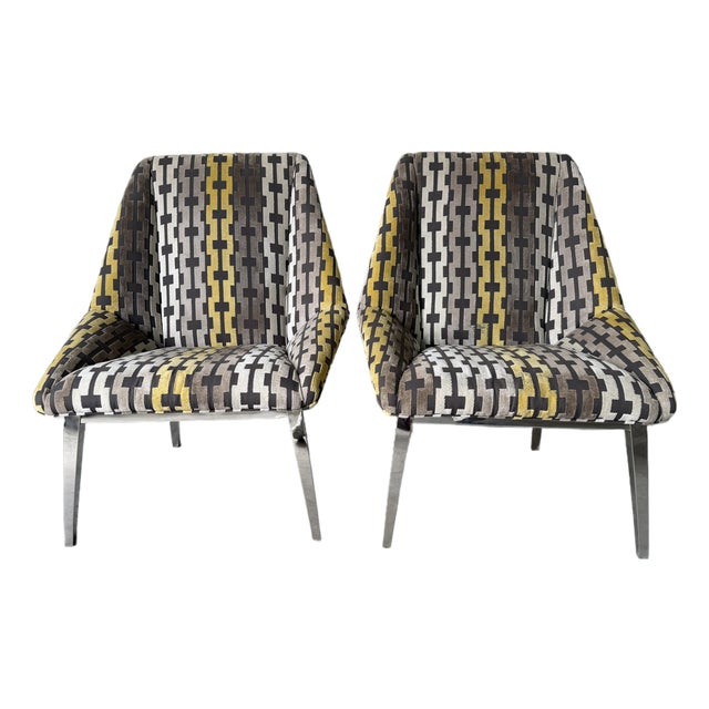 Thayer Coggin Geometric Fabric Upholstery Lounge Chairs With Chrome Legs – A Pair For Sale