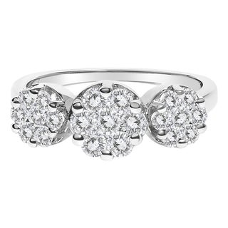 14K White Gold 1-1/4 Cttw Brilliant Cut Diamond Three Round Floral Clusters Engagement or Fashion Ring (H-I Color, SI2-I1 Clarity) - Size 6.25 For Sale