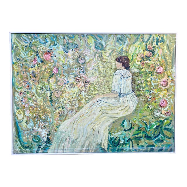 Moonlit Garden by Francesca Owen. Large Figurative Impressionist Oil Painting For Sale