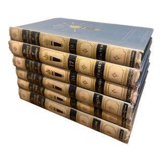 Large Vintage Cream & Blue Encyclopedia Hardcover Stack - Set of 6 - Royal Octavo Format - Modern Minimalist / Japandi Vignette For Sale