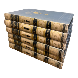Large Vintage Cream & Blue Encyclopedia Hardcover Stack - Set of 6 - Royal Octavo Format - Modern Minimalist / Japandi Vignette