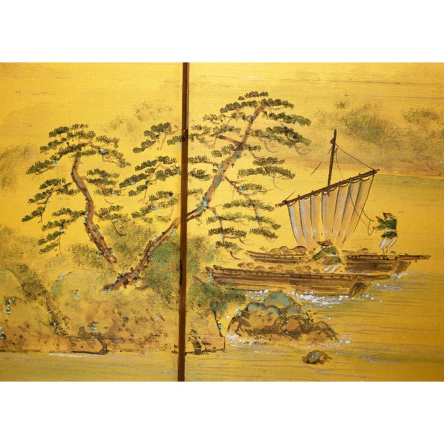 C. 1960s "Landscape With River and Boats", Showa Era Japanese Painted Silk Byobu Screen For Sale - Image 9 of 18