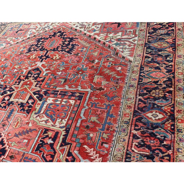 Red Antique Persian Heriz With Central Medallion Design in Red and Jewel Tones For Sale - Image 8 of 12