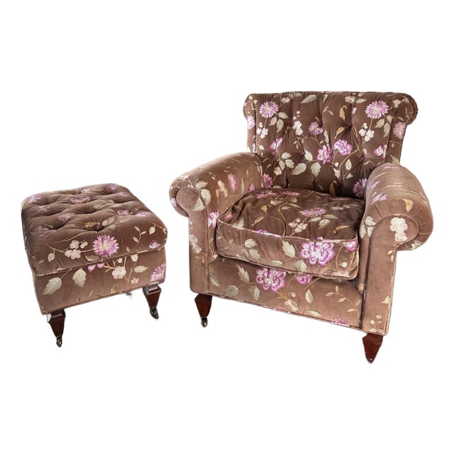 Vintage Custom Traditional English Cottage French Floral Velvet Armchair + Ottoman For Sale