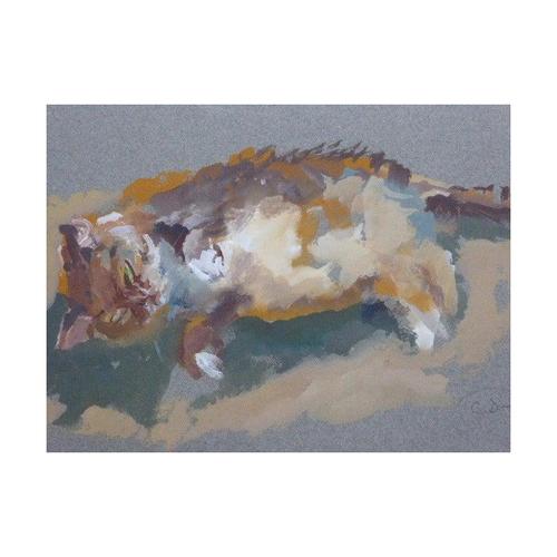 Modern Caroline Duckworth King, Reclining Cat, 1970s, Oil Painting on Paper, Framed For Sale - Image 3 of 14