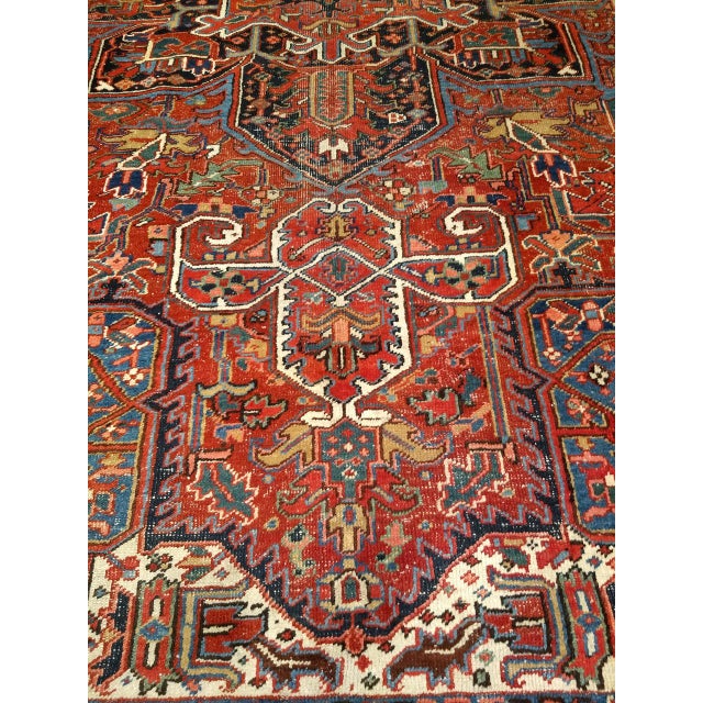 Antique Persian Heriz Karajah Rug, Hand-Knotted Wool, Geometric Medallion Pattern, Brick-Red & Navy, 9x12 For Sale - Image 13 of 17