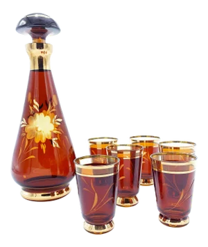 Mid-Century Ruby Red and Metallic Gold Venetian Glass Decanter Set - 7 Pieces