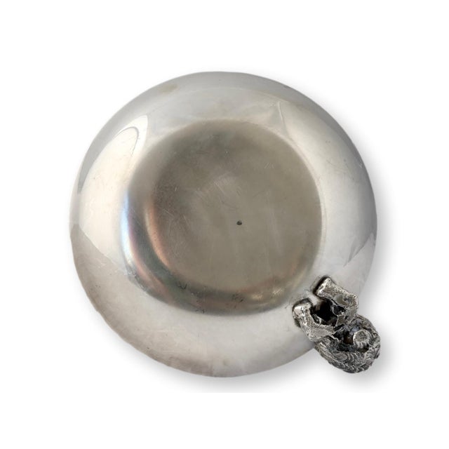Charming English silver-plated trinket or coin dish featuring a finely detailed owl perched at the rim. Likely mid-20th...