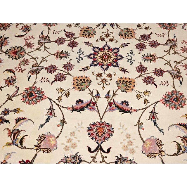 Vintage Persian Tabriz Rug, Hand-Knotted Wool & Silk, Allover Floral Pattern, Ivory & Pale Red, 7x10 For Sale - Image 4 of 18