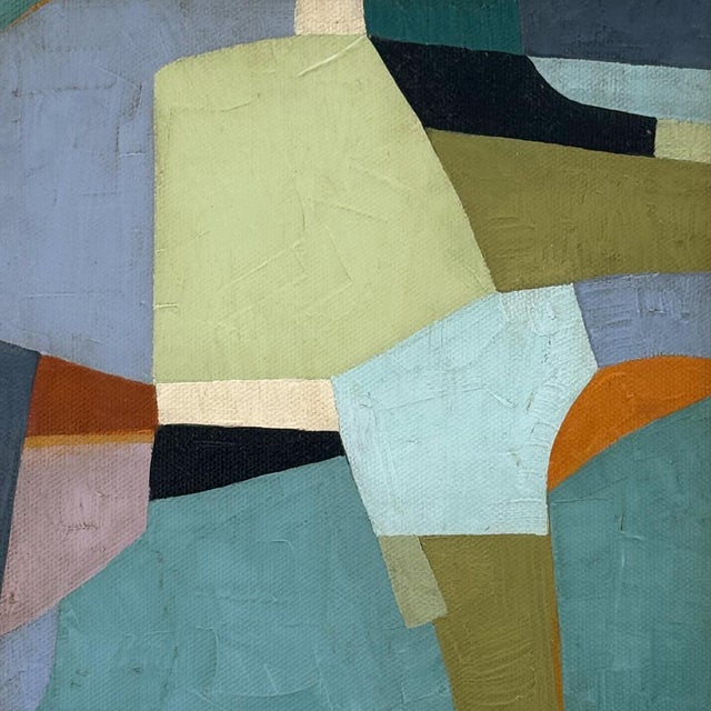 Mid-Century Modern Contemporary Teal Blue Abstract Oil Painting in Vintage Gold Frame For Sale - Image 3 of 6